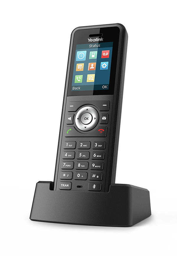 Black yealink W59R Pro ruggedised SIP DECT handset with 2.4 inch touchscreen and numeric keypad in charging base