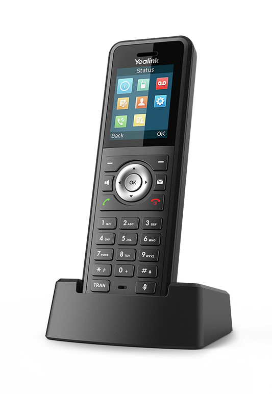 Black yealink W59R Pro ruggedised SIP DECT handset with 2.4 inch touchscreen and numeric keypad in charging base