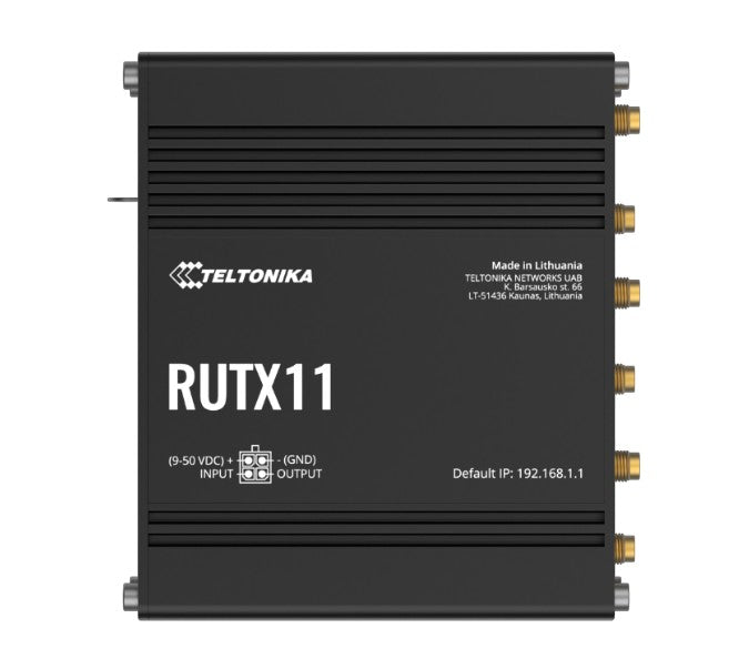 Black teltonika rutx11 industrial 4g lte router with gold connectors and white labeling shown from the back side