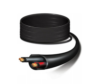 Black coiled ubiquiti pc-12/1 outdoor power cable with exposed copper ends and red insulation, 12 awg, uv-resistant, 1m