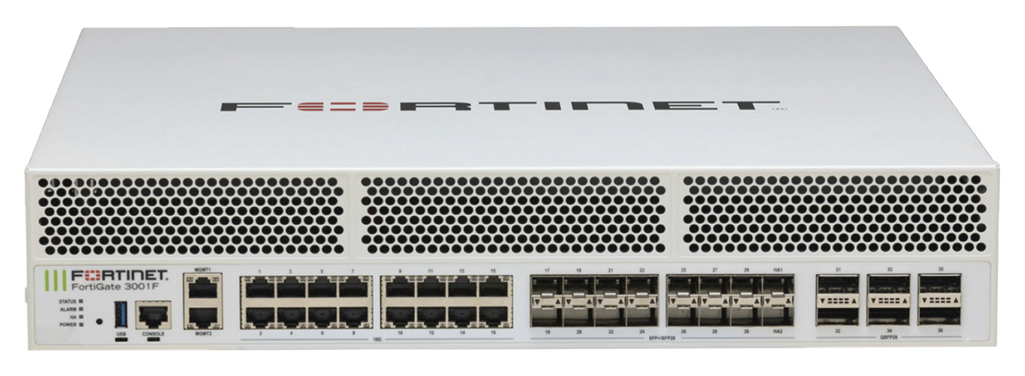 Fortinet FG-3000F-DC | 2U Firewall, 6x 100GE QSFP28, 16x 10GE/25GE SFP28, 18x 10G Base-T