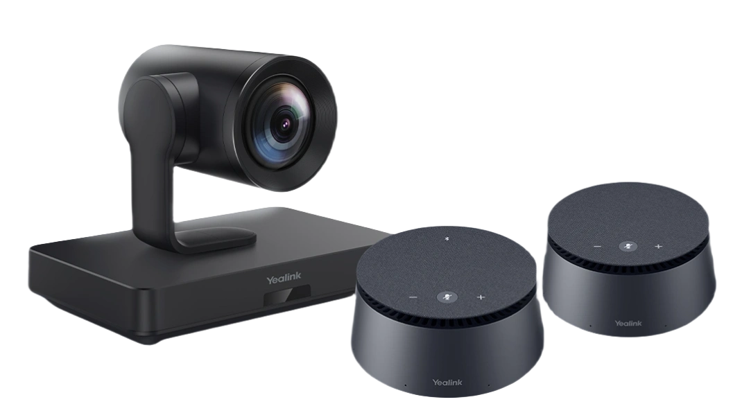 Yealink UVC85-BYOD kit with sleek black UVC85 camera and two circular bases