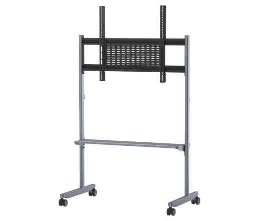 Silver metallic yealink mb-floorstand-vesa mobile tv stand with black perforated bracket and four caster wheels