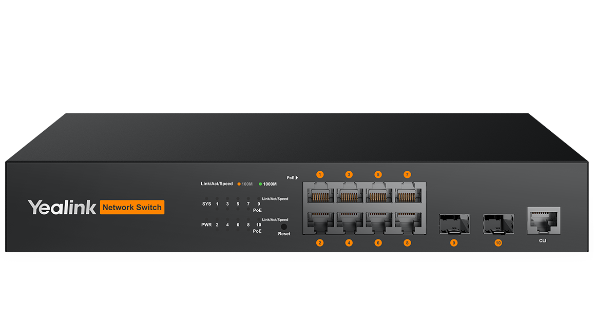 Yealink RCH80 8-port L2+ managed AV switch with 8 Ethernet ports and orange LEDs