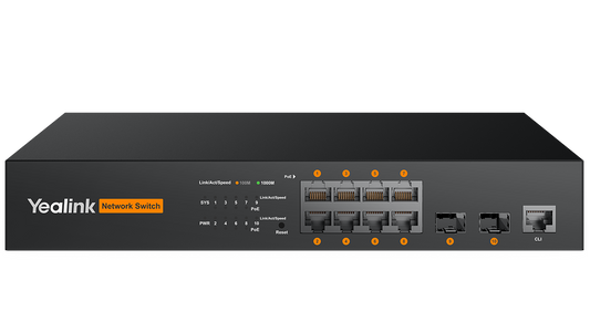 Yealink RCH80 8-port L2+ managed AV switch with 8 Ethernet ports and orange LEDs