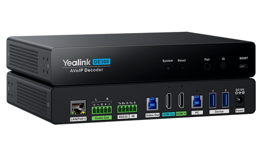 Yealink DE300 AVoIP decoder rear view with ports and lights