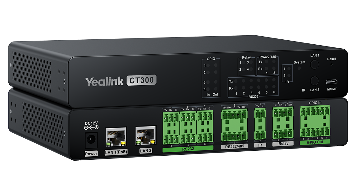 Yealink CT300 back view with green RS232 RS422/485 ports LAN GPIO