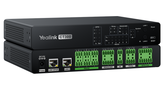 Yealink CT300 back view with green RS232 RS422/485 ports LAN GPIO