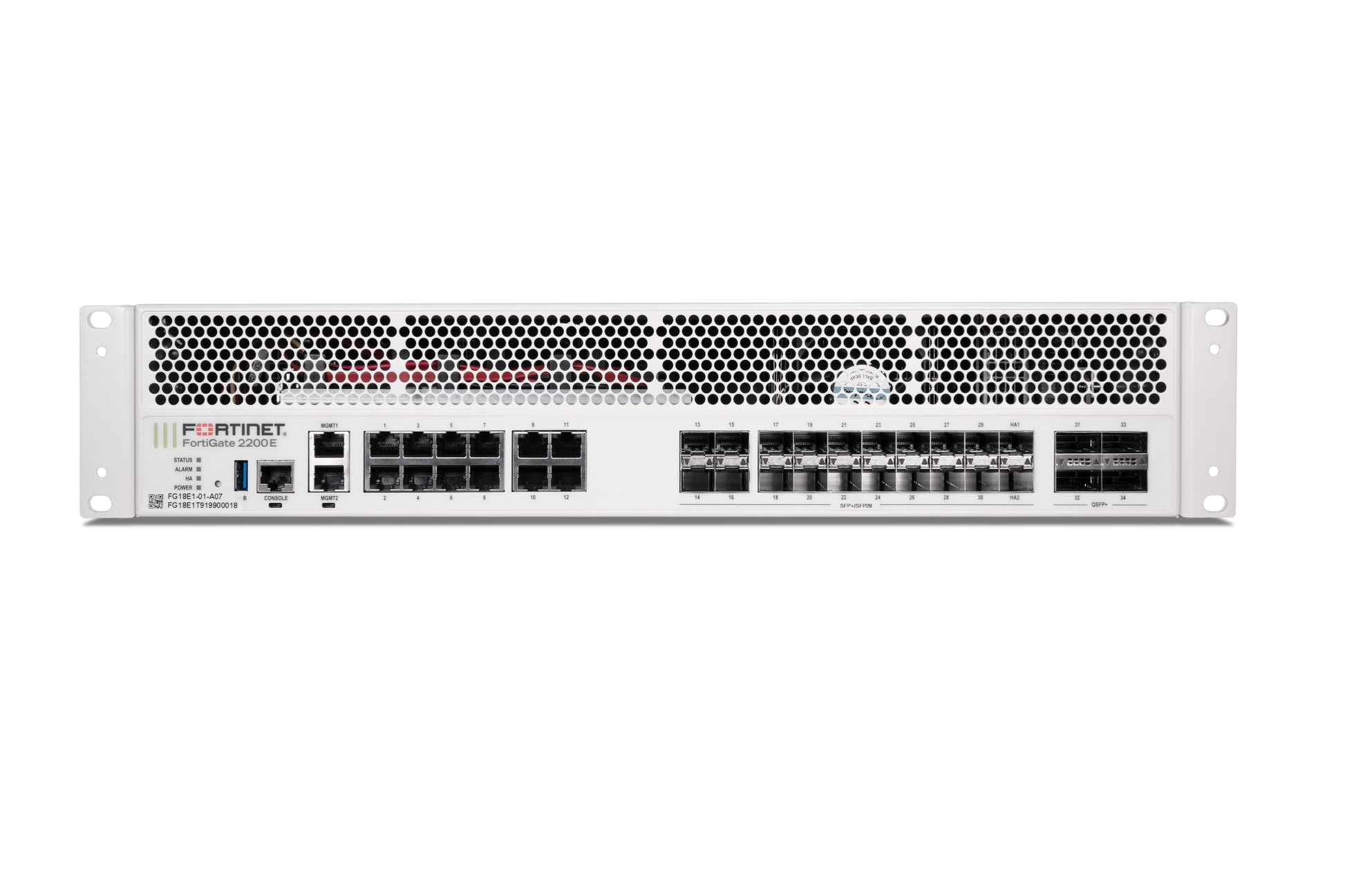 White Fortinet FG-2200E switch with honeycomb grille and Ethernet ports