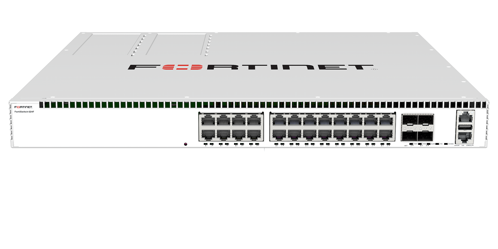 Fortinet FortiSwitch-624F 24x5G RJ45 ports switch with green LEDs