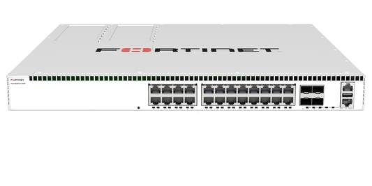 Fortinet FortiSwitch-624F 24x5G RJ45 ports switch with green LEDs