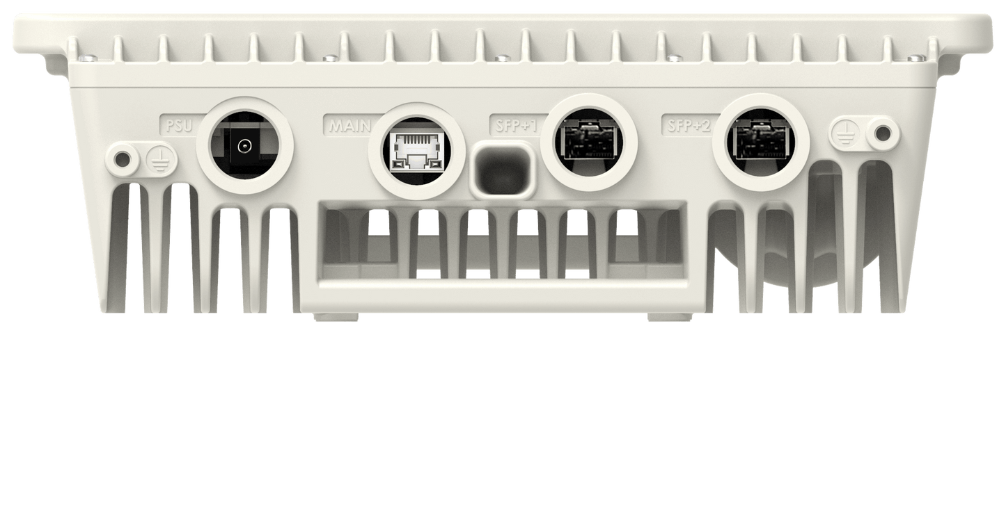 Cambium cnWave B1000 back view with white plastic switch ports