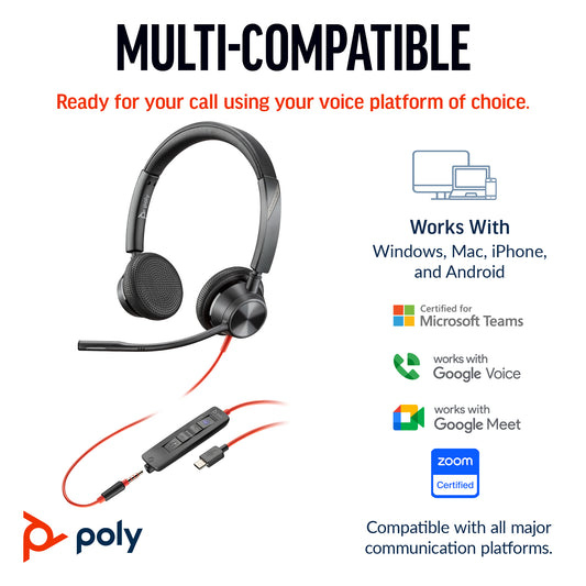 Poly 8X222AA | Blackwire 3325 MS Stereo USB-C Headset with USB-A Adapter