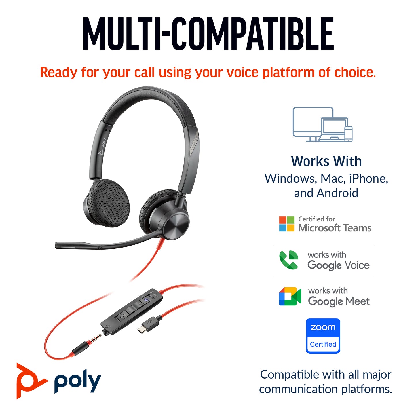Poly 8X221AA | Blackwire 3325 Stereo USB-C Headset, USB-C/A Adapter