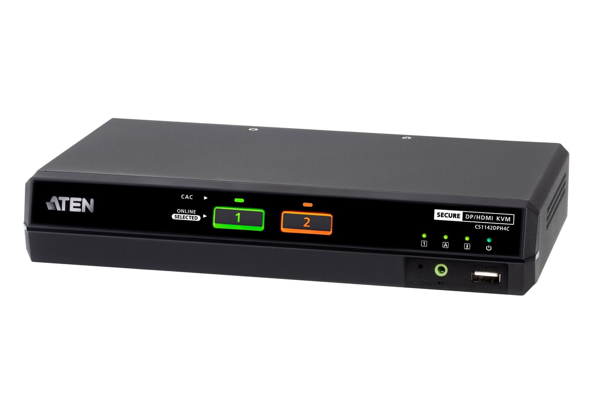 Black aten cs1142dphc 2-port dual display secure dp/hdmi kvm switch with green and orange indicator lights