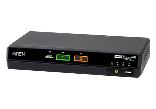 Black aten cs1142dphc 2-port dual display secure dp/hdmi kvm switch with green and orange indicator lights