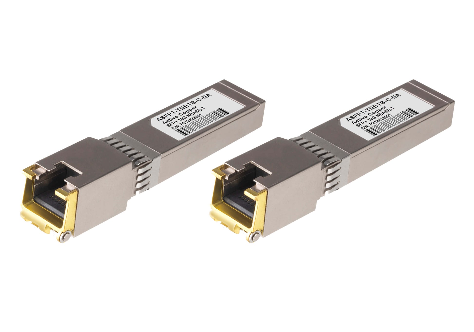 Two silver aten 2a-145g 10gbe copper sfp+ transceivers with gold-plated connectors and white labels