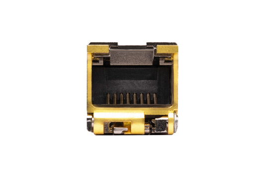 Aten 2a-145g 10gbe copper sfp plus transceiver gold ethernet port with black interior and metallic contacts for cat6a/7