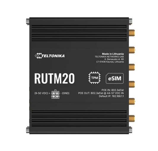 Black teltonika rutm20 compact 5g router back side with gold ethernet ports ventilation slits dual sim esim active poe global