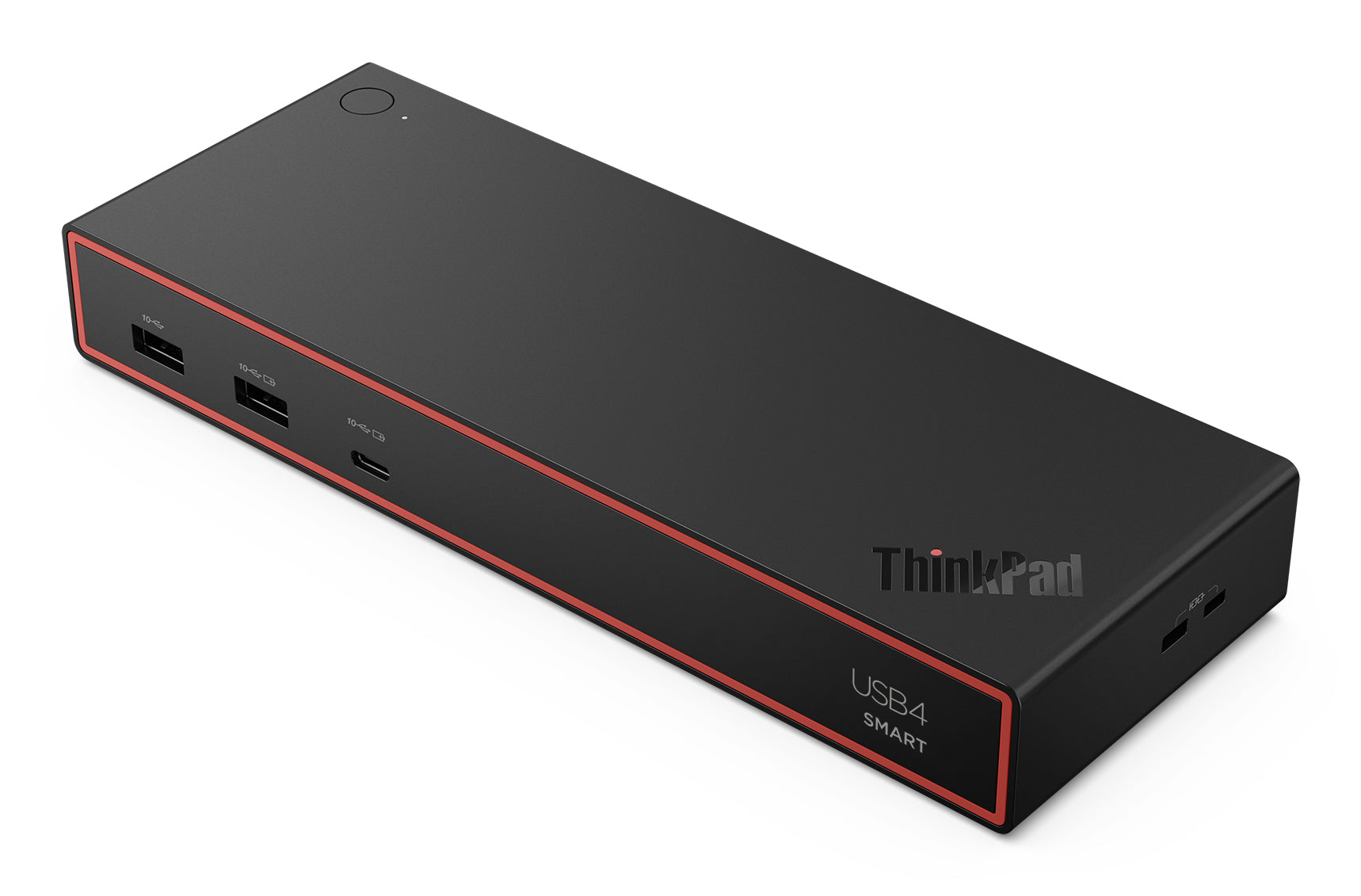 Black lenovo thinkpad usb4 smart dock 5500 with red trim and multiple ports shown from the back side