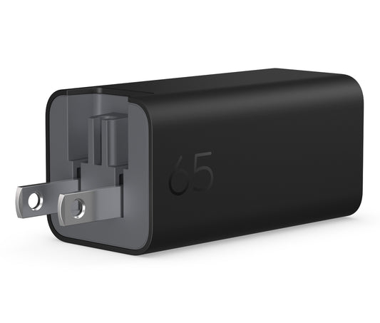 Black rectangular hp c90mraa 65w gan usb-c wall charger with matte finish and silver prongs includes 2m cable