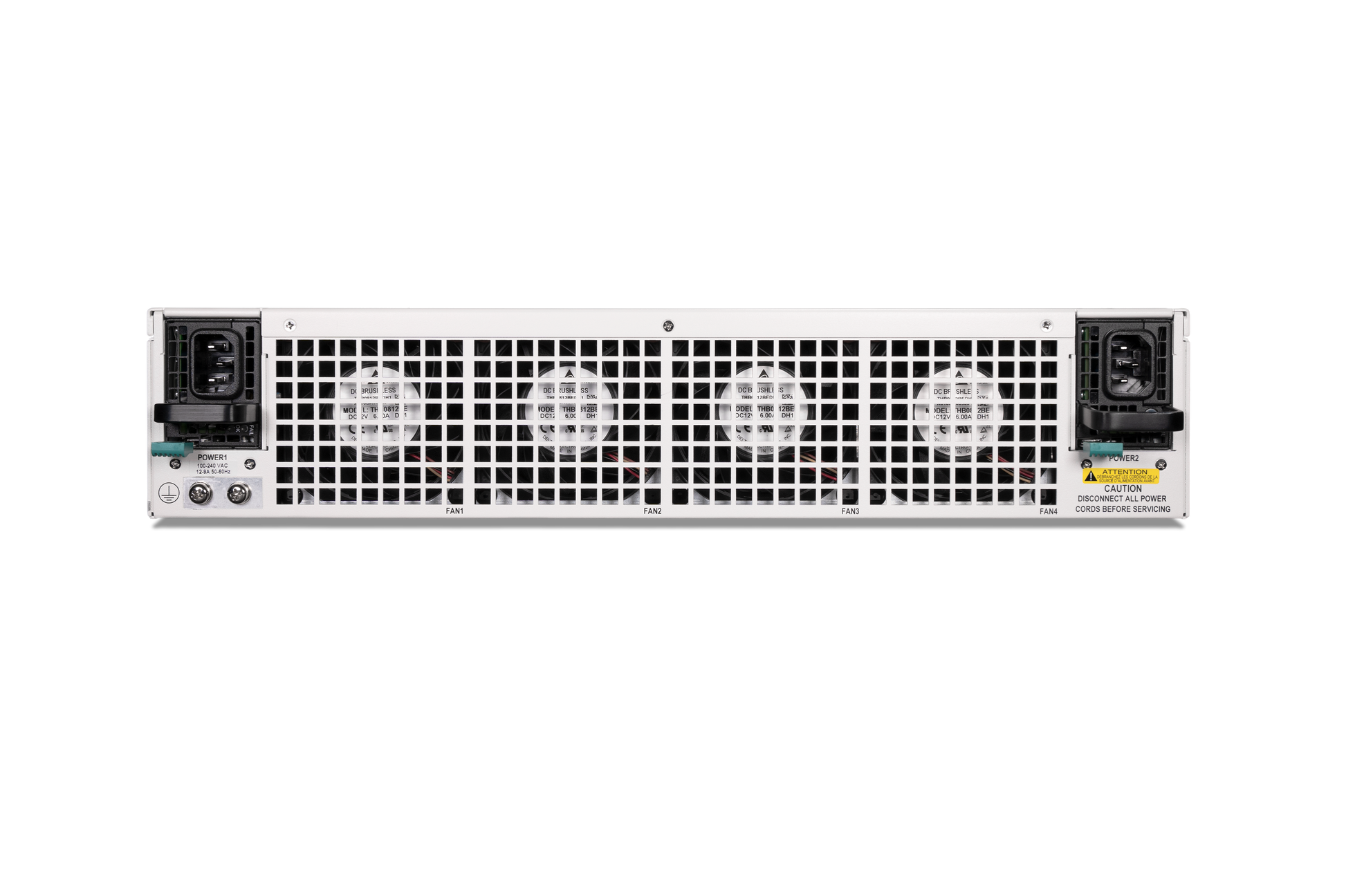 Fortinet FG-3300E back view with white metal server rack and four circular fans