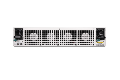 Fortinet FG-3300E back view with white metal server rack and four circular fans