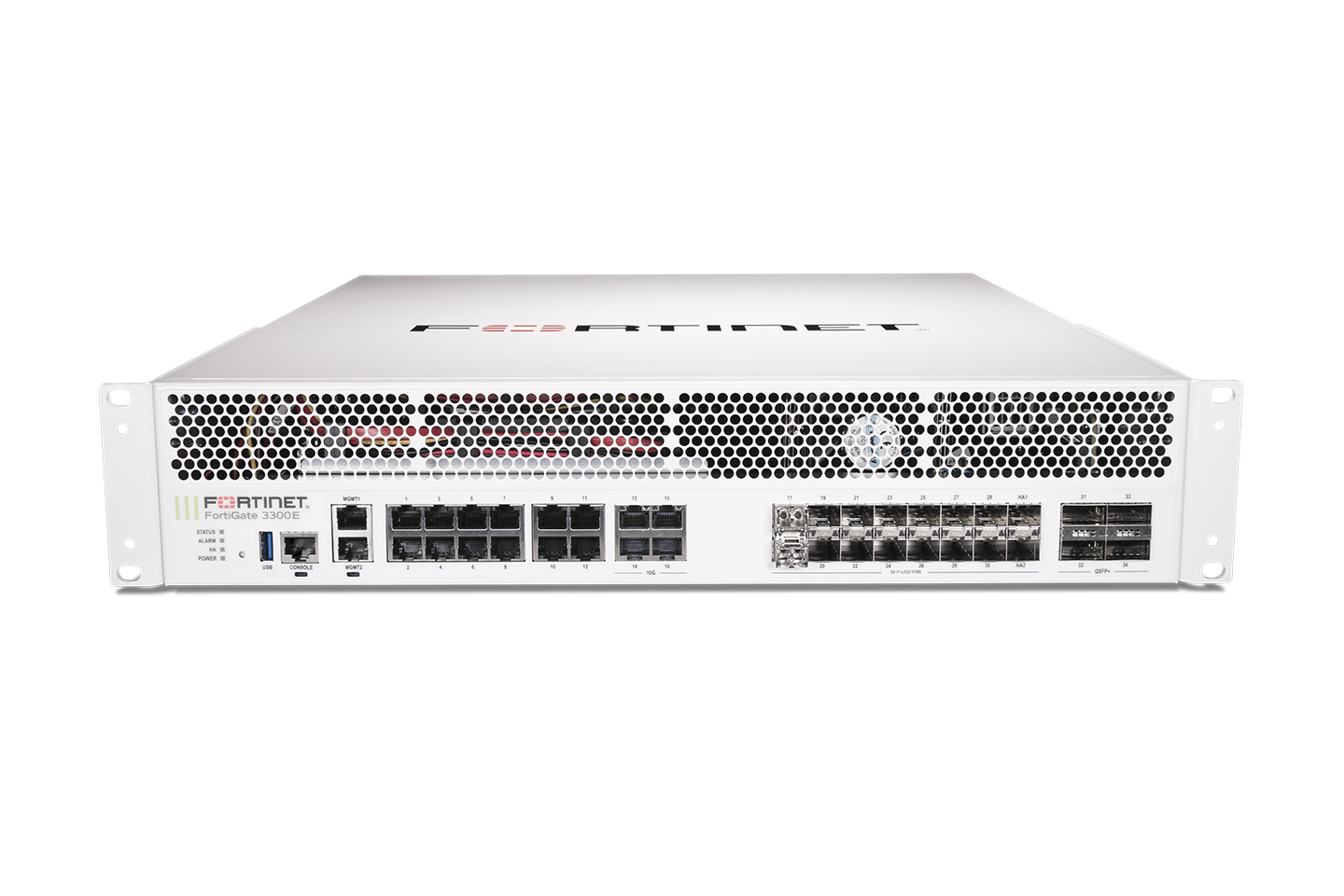 White Fortinet FortiGate-3300E security appliance front view with ports