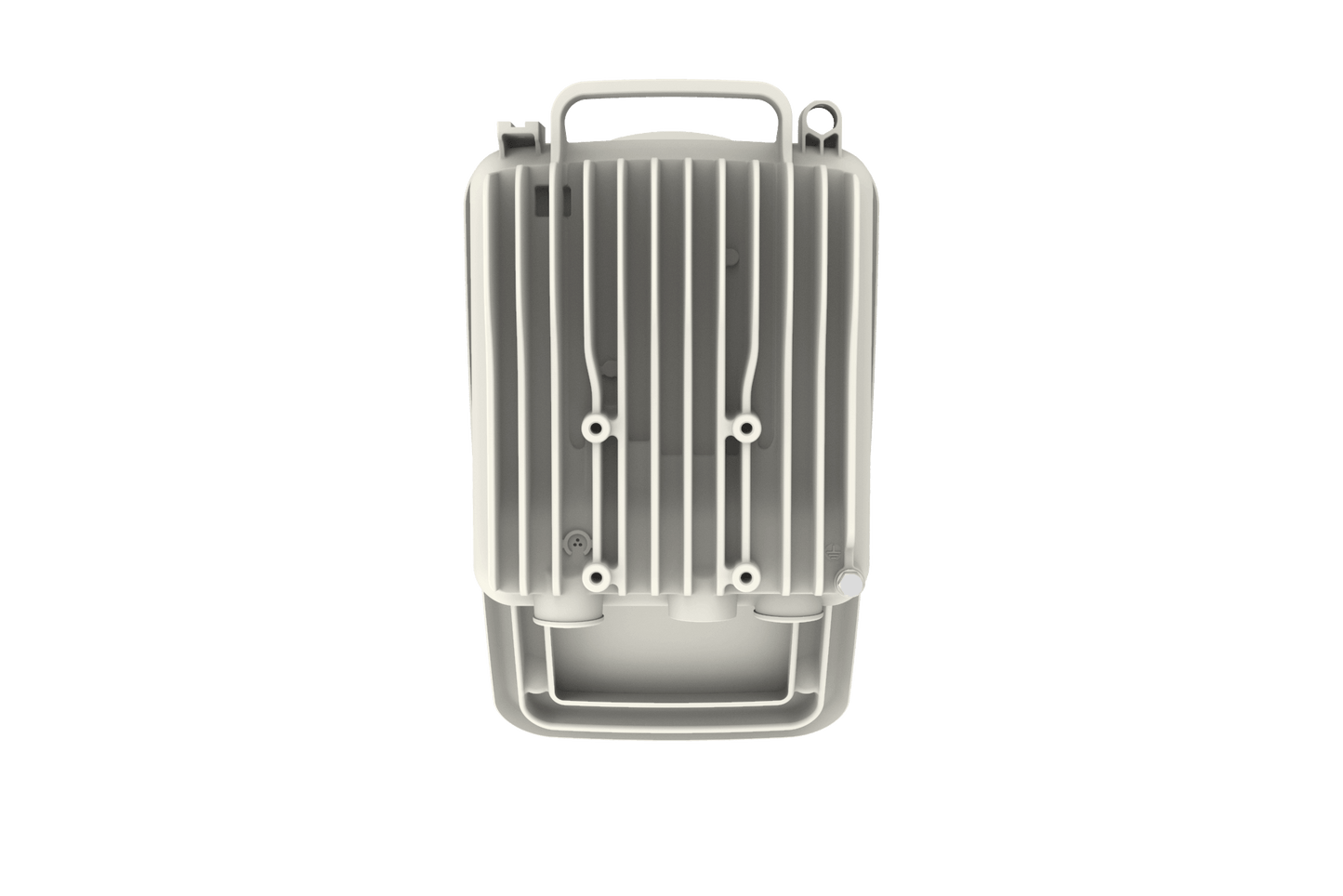 Gray plastic Cambium cnWave V3000 60GHz mmWave client node radio with ridges and handle