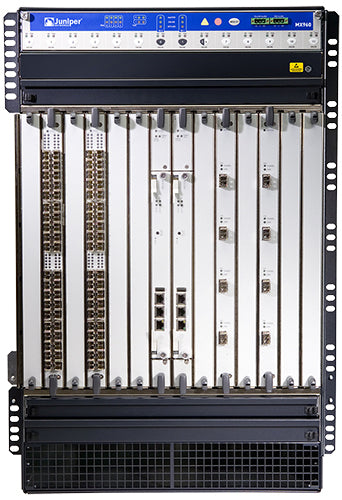 Black juniper mx960 base chassis network switch with multiple white silver module slots blue led indicators and ventilation grille