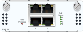 Sophos XSBZTCHC4 4-port 2.5GbE PoE module with white body and black Ethernet ports