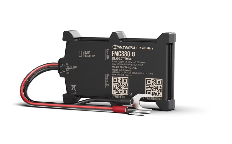 Black teltonika fmc880 4g lte cat 1 gps tracker with bluetooth and red and black wiring visible in the image