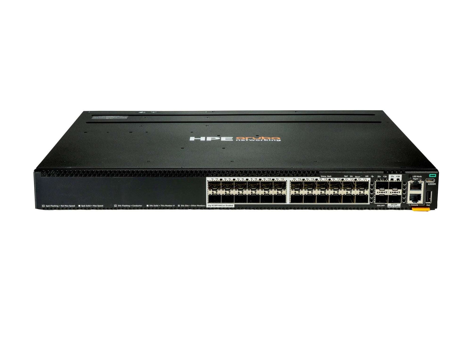 Aruba CX 6300M S4P44A black network switch with ports and lights