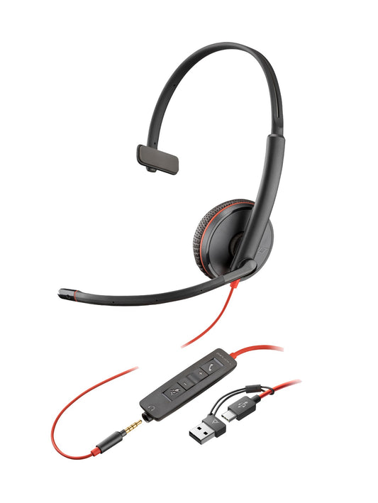 Poly 8X227A6 | Blackwire 3215 Monaural USB-C Headset, 3.5mm Plug, USB-C/A Adapter