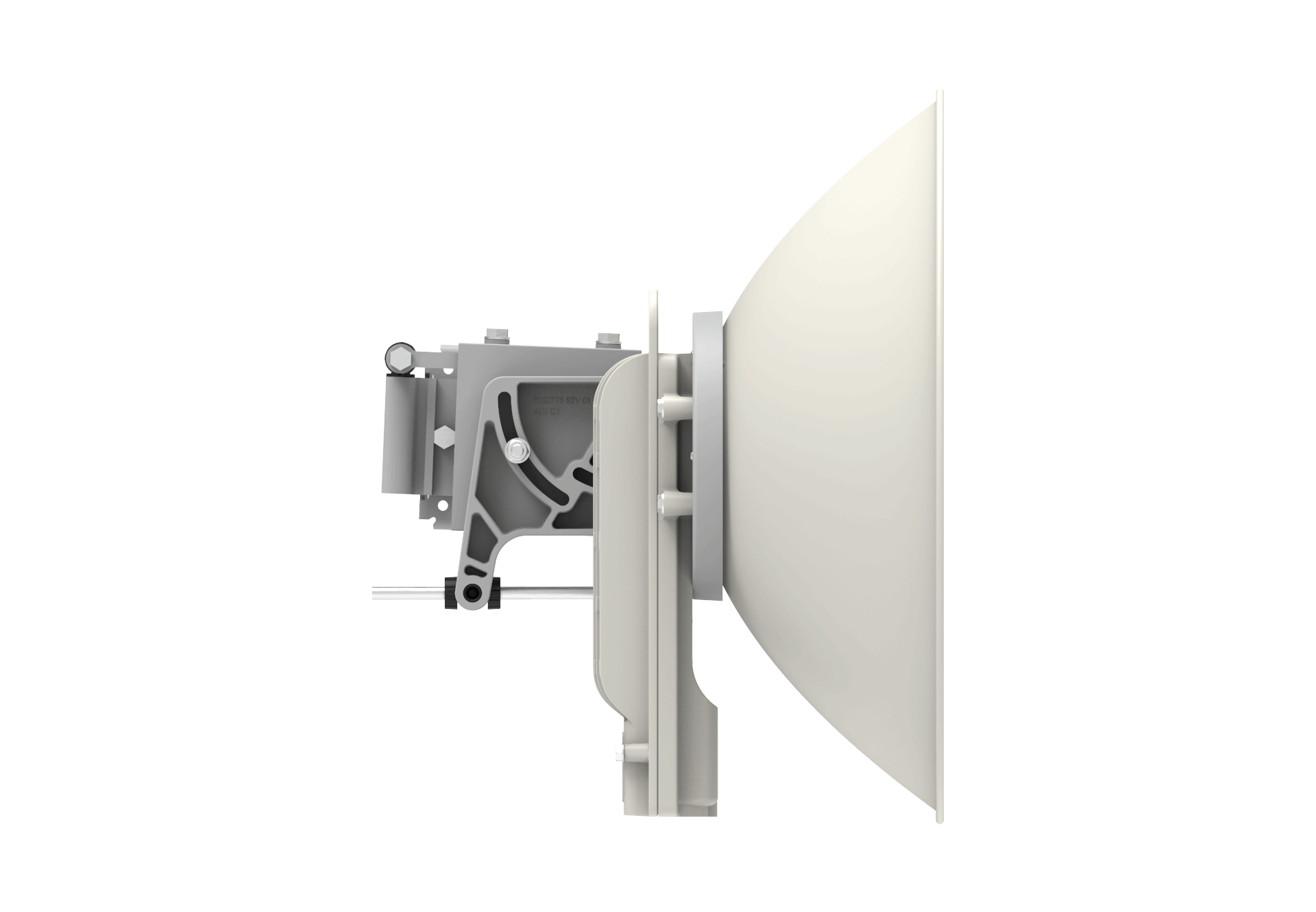 Cambium cnWave C100 CPE white sleek satellite dish with metallic bracket