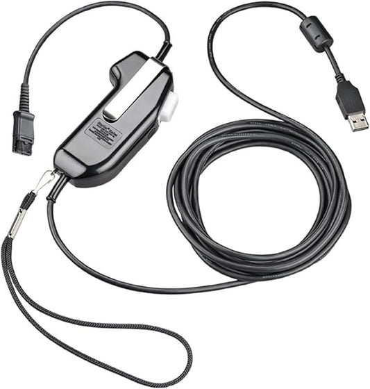 Poly SHS2626-14 USB-PTT headset with black coiled USB cable and PTT remote