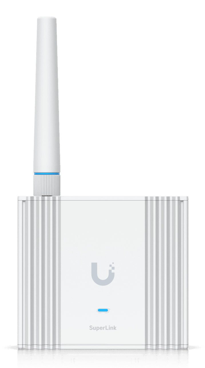 White rectangular ubiquiti usl-gateway wireless router with vertical ridges single antenna and superlink logo front panel