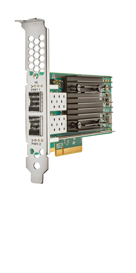 Silver-colored HPE R7N87A PCIe 4.0 expansion card with two ethernet ports and black heat sinks on green circuit board