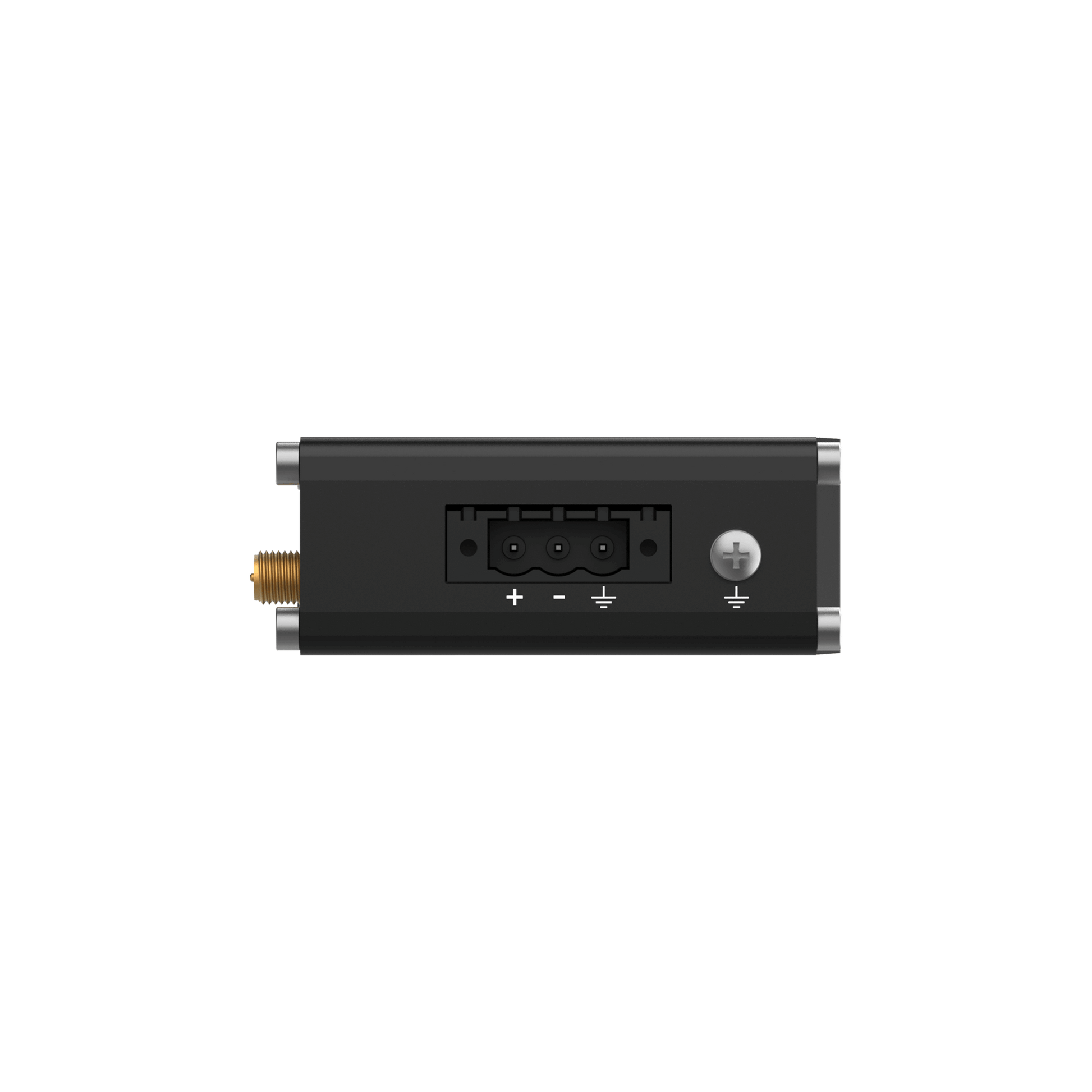 Teltonika RUT145 industrial router back view with gold connector and plus button