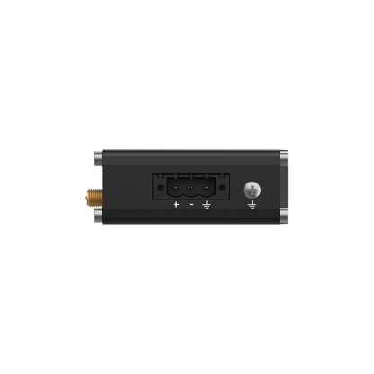 Teltonika RUT145 industrial router back view with gold connector and plus button