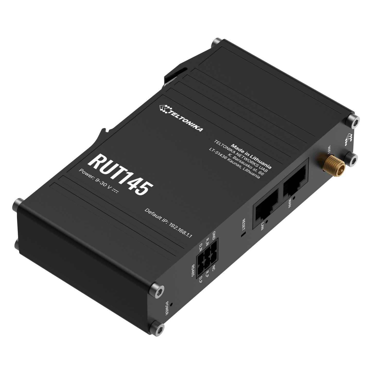 Black Teltonika RUT145 industrial router with matte finish, Ethernet ports, antenna connector