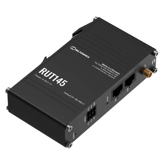 Black Teltonika RUT145 industrial router with matte finish, Ethernet ports, antenna connector