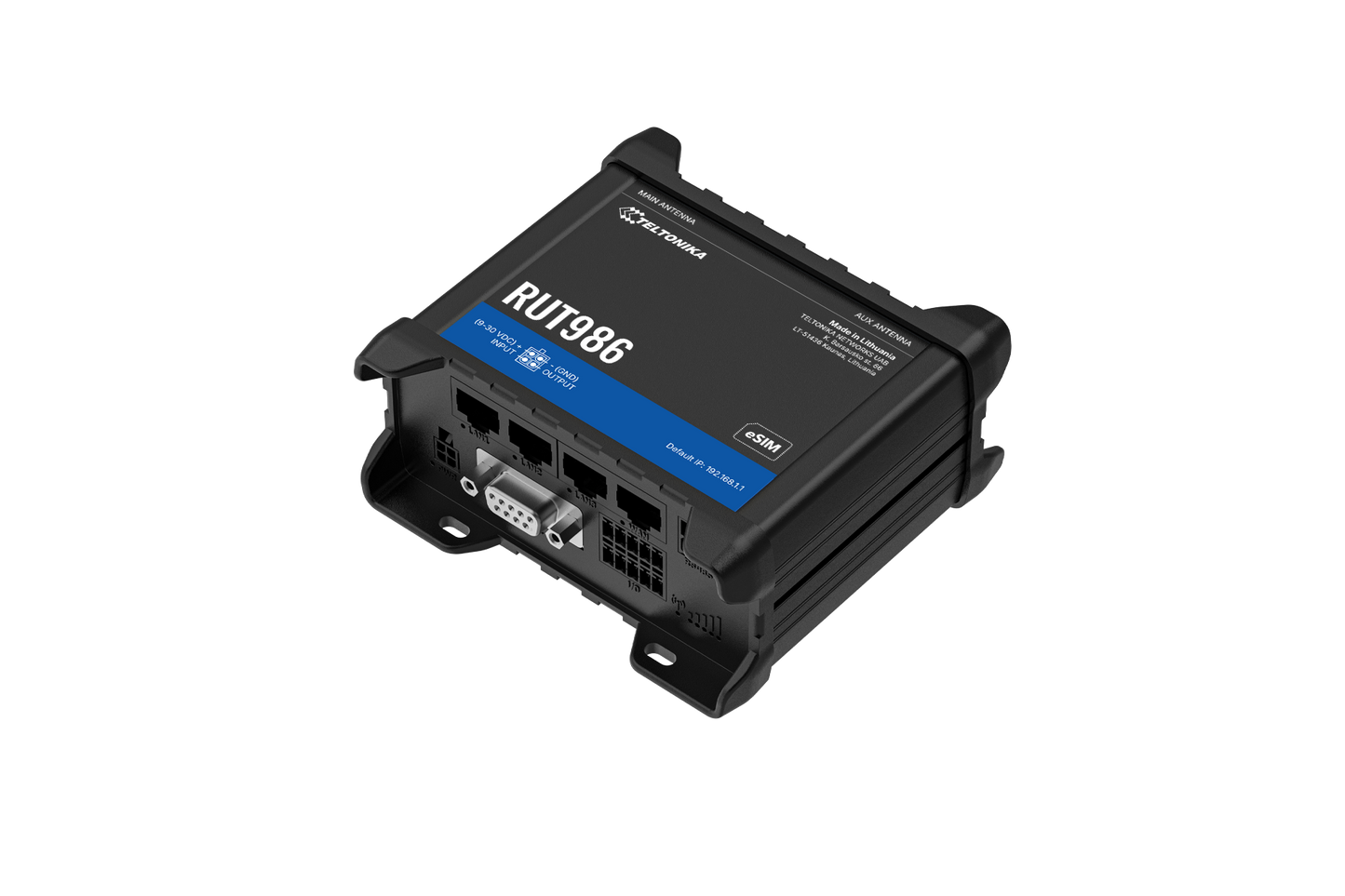 Black industrial-grade Teltonika RUT986 router with blue label and multiple ports for global LTE Cat 4 connectivity back view