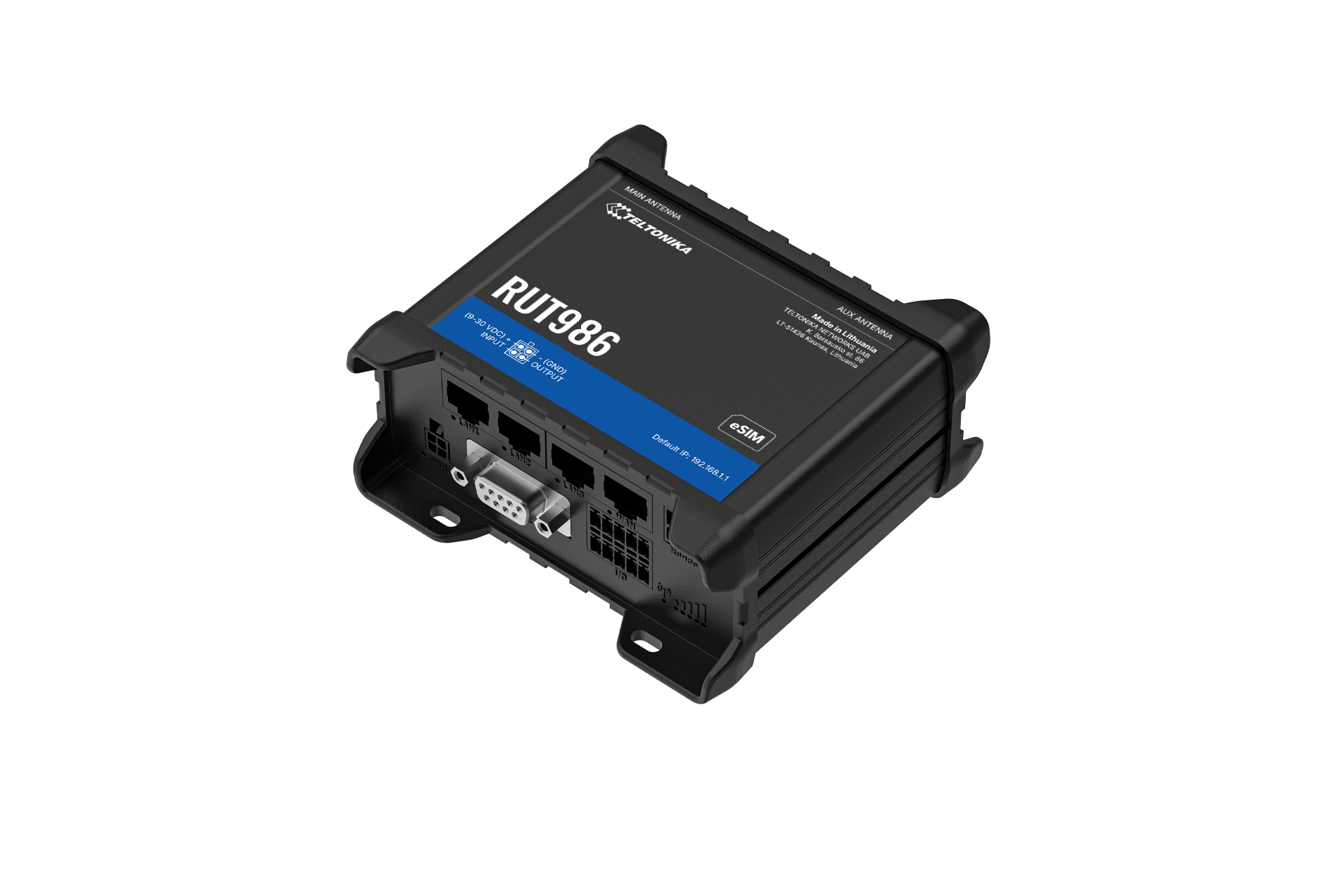 Black industrial-grade Teltonika RUT986 router with blue label and multiple ports for global LTE Cat 4 connectivity back view