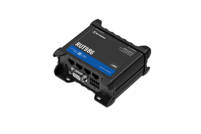 Black industrial-grade Teltonika RUT986 router with blue label and multiple ports for global LTE Cat 4 connectivity back view