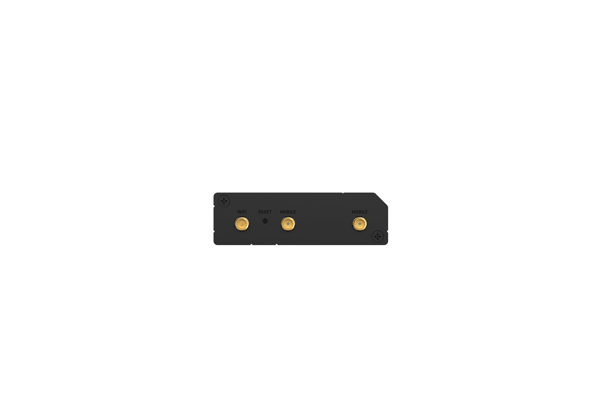 Back of black teltonika rut281 compact global lte cat 4 router with three gold circular connectors and labeled ports
