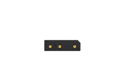 Back of black teltonika rut281 compact global lte cat 4 router with three gold circular connectors and labeled ports