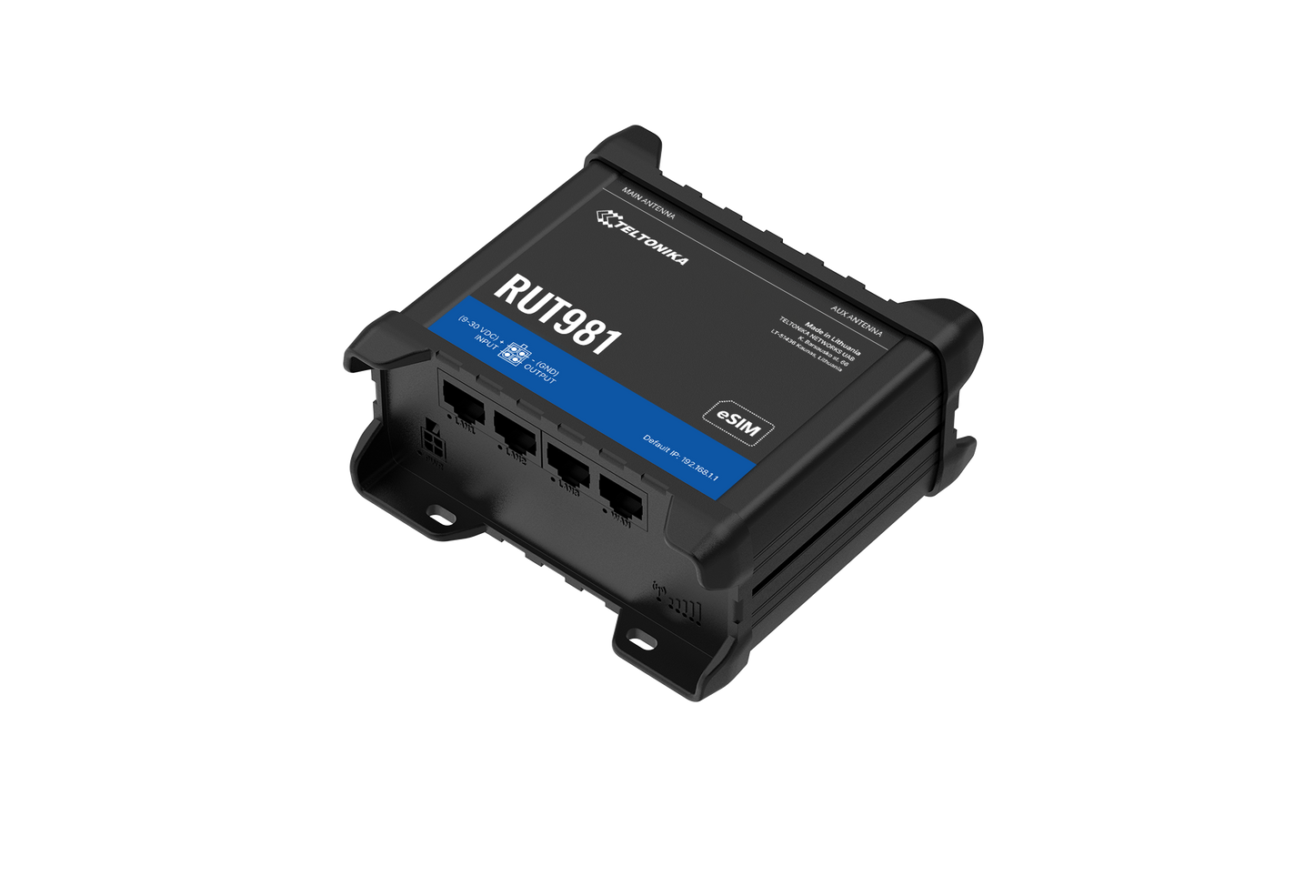 Black plastic teltonika rut981 global 4g lte router with blue label and four ethernet ports shown from back side