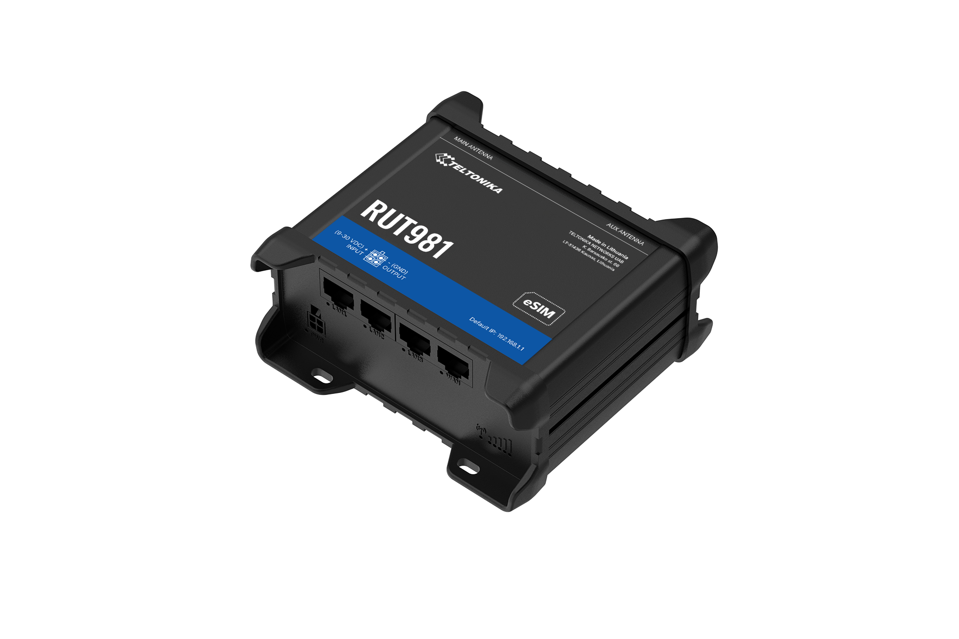 Black plastic teltonika rut981 global 4g lte router with blue label and four ethernet ports shown from back side