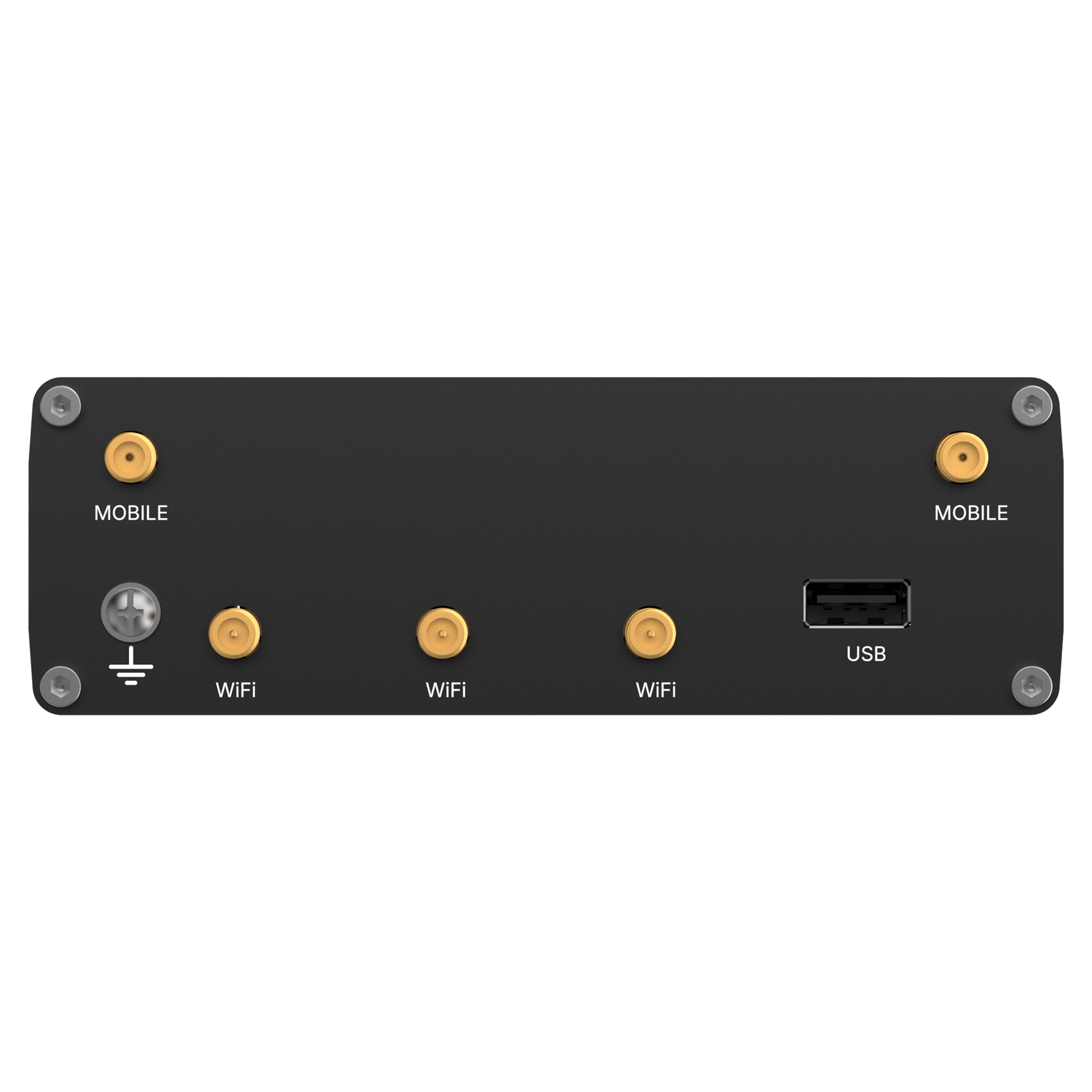 Black rectangular teltonika rutc4100aa00 4g edge router back with gold mobile wifi and usb connectors